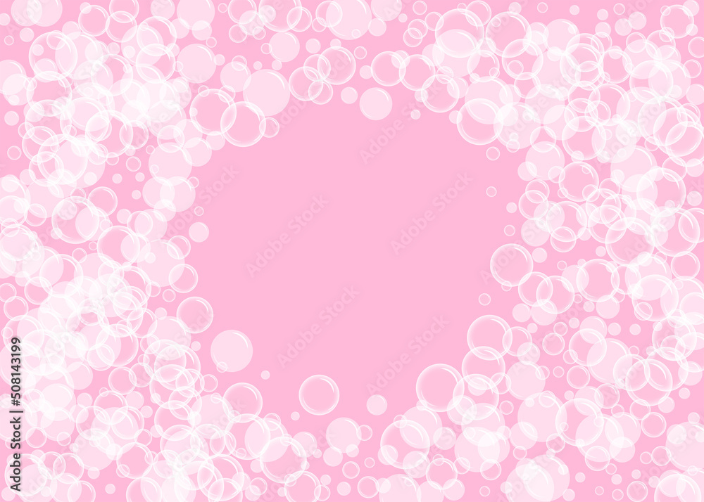 Vector illustration with soap bubbles. Fizzy foam bubbles  on pink backdrop with copy space.