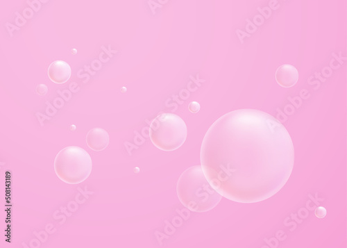 Sparkling soap bubbles. Vector illustration. White foam bubbles on bright pink background