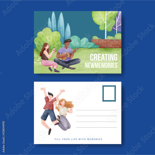 Postcard template with friendship memories concept,watercolor style