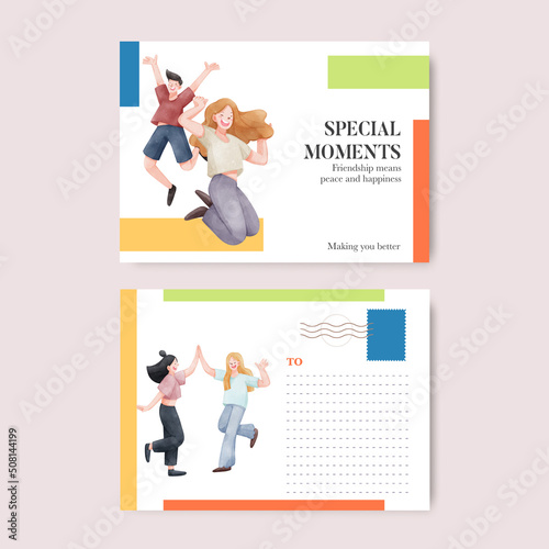 Postcard template with friendship memories concept,watercolor style