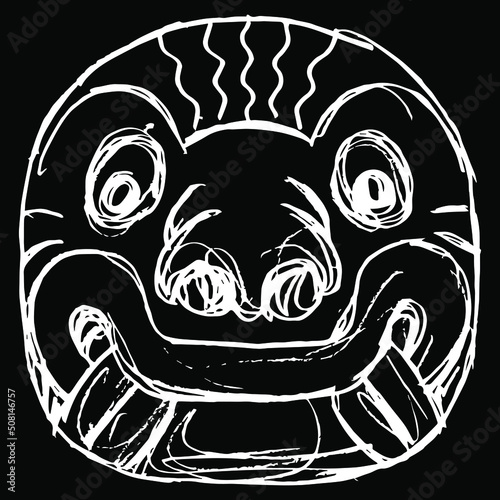 Ancient mask of fantastic monster beast. Native American art of ancient Peru. Chavín de Huántar culture. Hand drawn linear doodle rough sketch. White silhouette on black background.