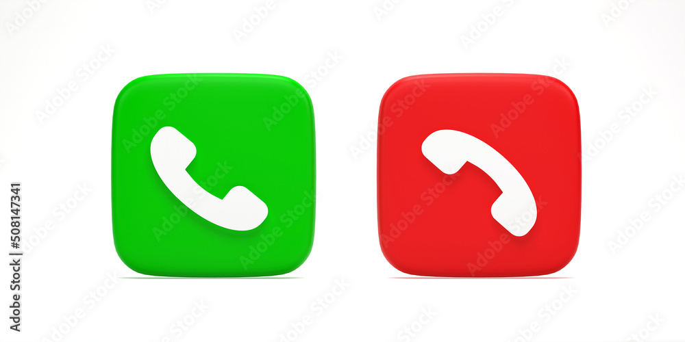 3D rendering, 3D illustration. Telephone icons Accept call and decline button. Answer and reject incoming call on white background. 3D rendering, 3D illustration. Telephone icons Accept call and decline button. Answer and reject incoming call on white background.