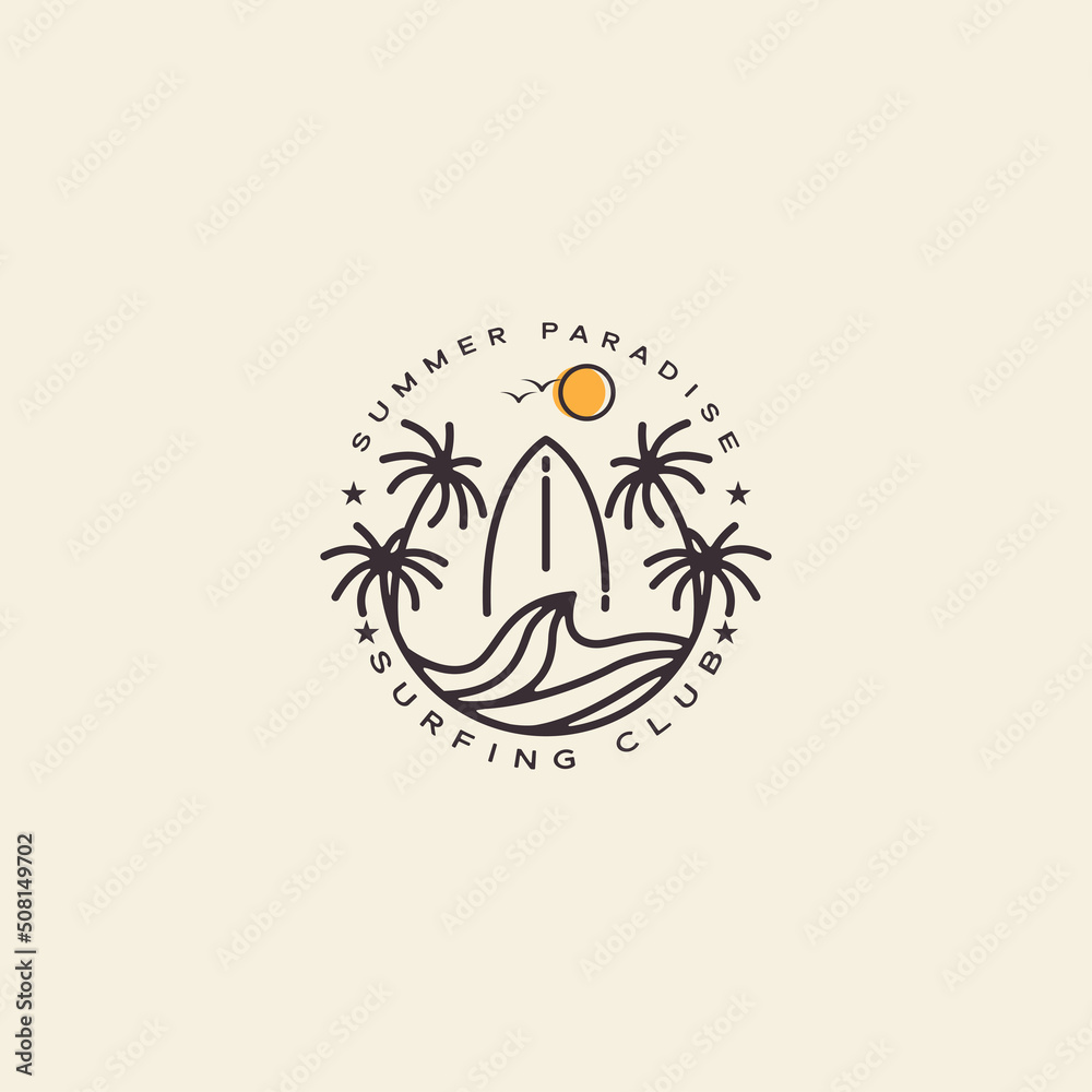 vacation summer surf retro line style logo design vector icon illustration