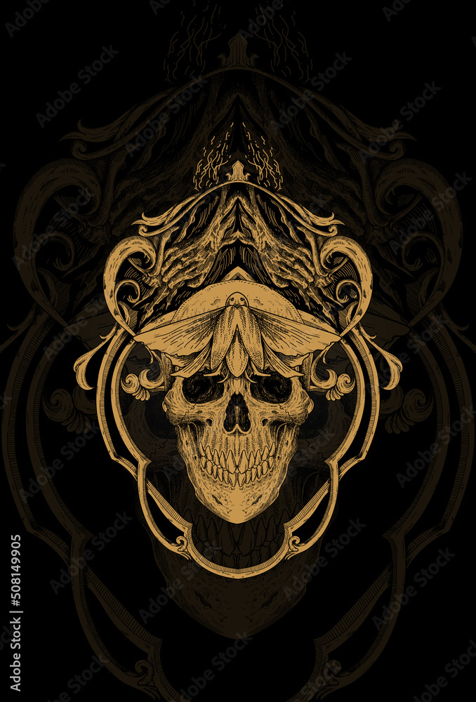 Skull with cockroach and temple artwork illustration Skull with cockroach and temple artwork illustration