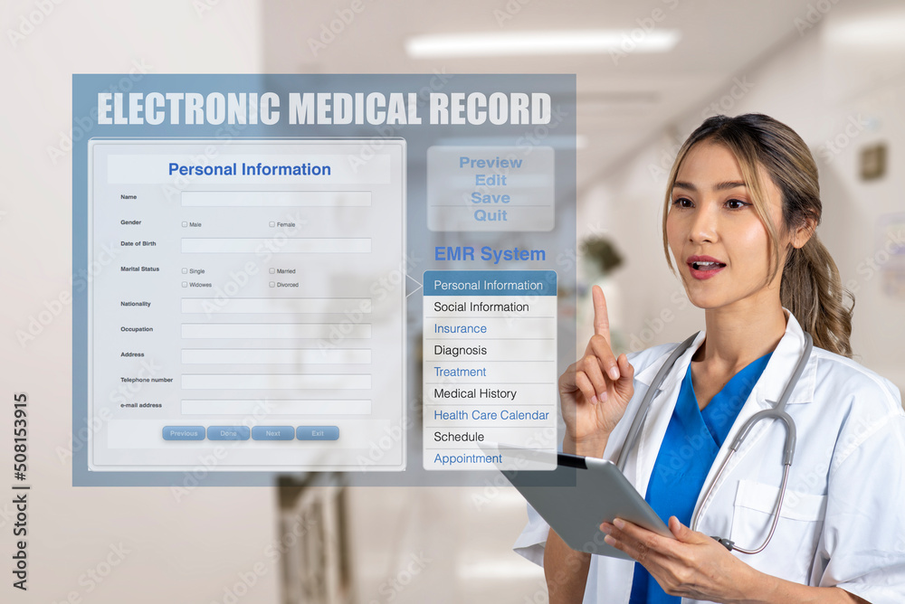 Female doctor holding digital tablet while another hand point to electronic medical record screen. Female doctor holding digital tablet while another hand point to electronic medical record screen.