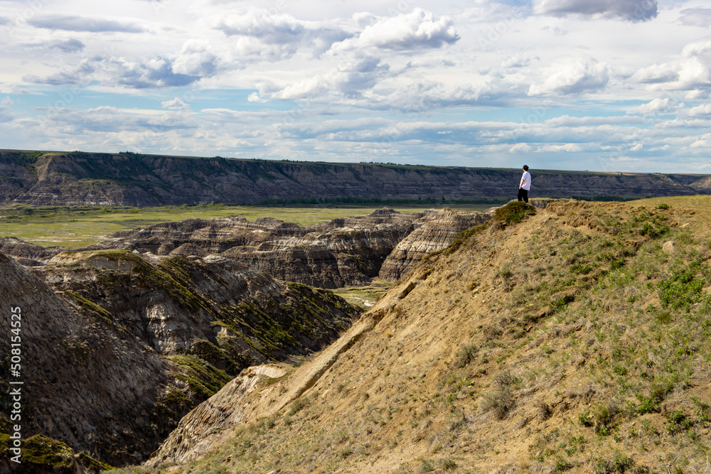 person standing in distance on top of horse thief canyon in Drumheller Alberta