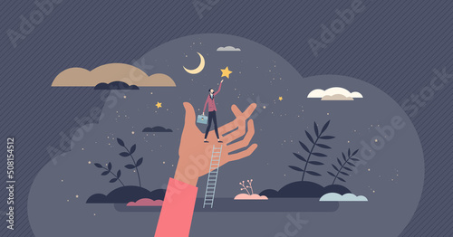 Future success and business achievement as reaching for stars tiny person concept. Businessman motivation for career growth and development vector illustration. Rise up for opportunity and inspiration