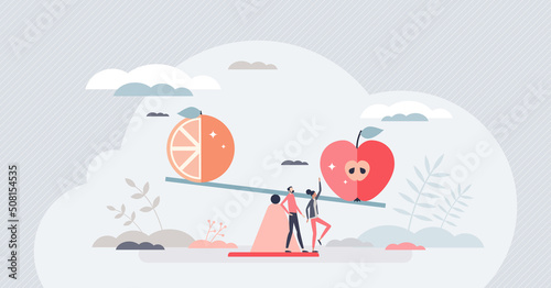 Comparison with benefits measurement for different values tiny person concept. Choice and decision making process with analytics and information compare for objective selection vector illustration.