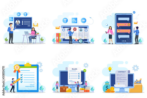 Set bundle Business concept. we're hiring, recruitment, reviews, quality control, rules, contract.