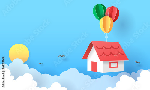 Paper art of house hanging with colorful balloon, Floating in the sky with clouds, sun and birds
