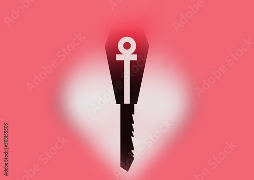 Christian cross icon on key isolated on pink background and blurred white heart