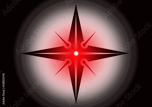 Shuriken style compass on blurred black white and red circle gradient background.
