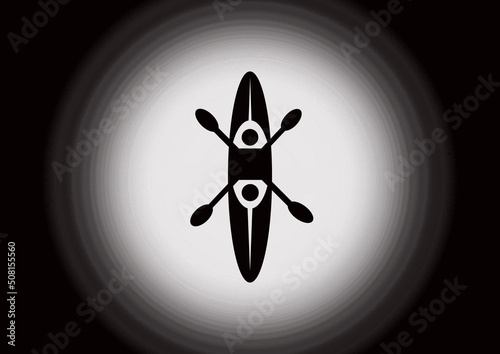 Kayak and two paddles icon isolated on a blurred white gray gradient circle background.