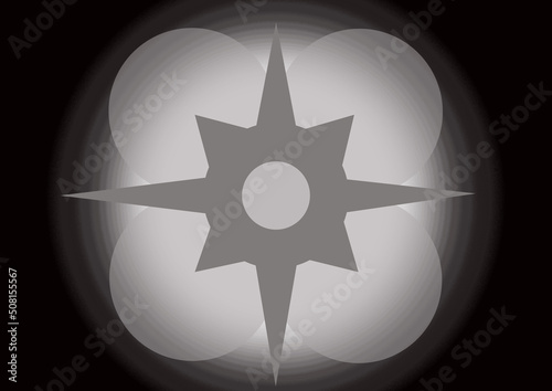 Illustration of dark gray shuriken icon on gray white gradient background. Flat symmetrical star icon