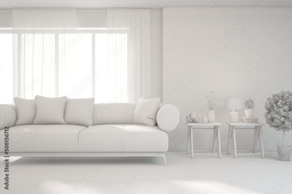 Fototapeta premium Mock up of minimalist living room in white color with sofa. Scandinavian interior design. 3D illustration