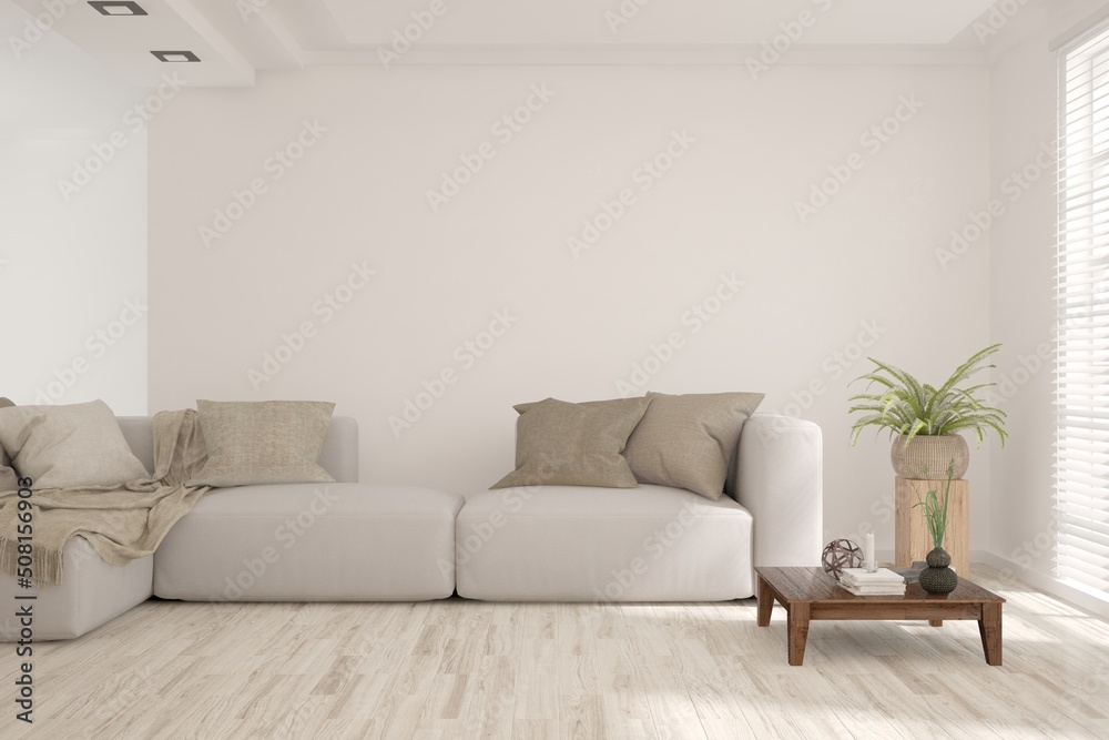 Fototapeta premium White living room with sofa. Scandinavian interior design. 3D illustration