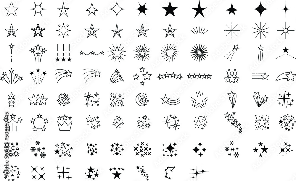 Obraz premium Stars and fireworks collection vector, black line art,rainbow big set isolated, star icon flat style. Vector illustration