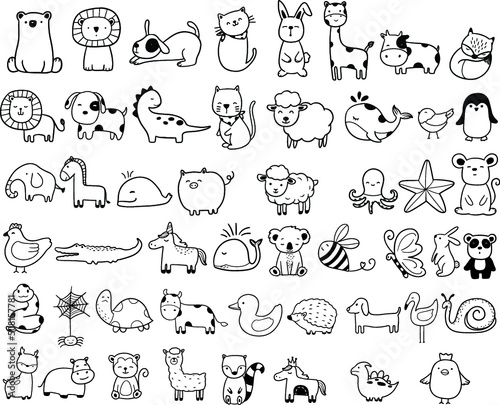 Animals Bundle Coloring Forest , Head Animal, Big collection of decorative for kids,baby characters, card,hand drawn, cartoon style.vector illustration