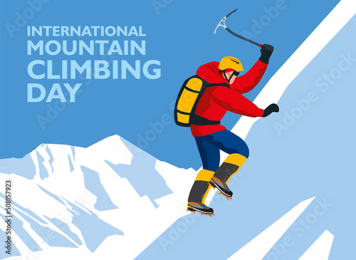 International day of mountain climbing. The climber crawls up the steep slope of the mountain. Vector graphics