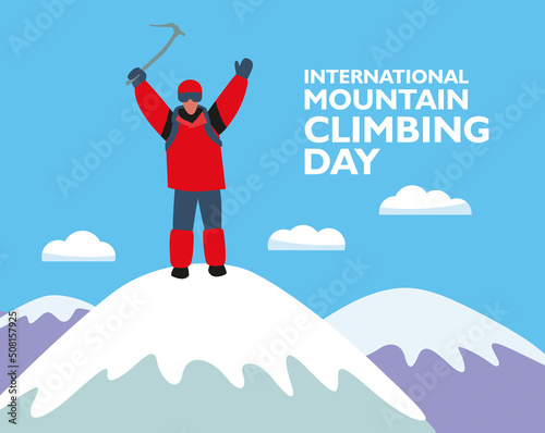 International day of mountain climbing. The climber waves his hands on the top of the mountain. Vector graphics