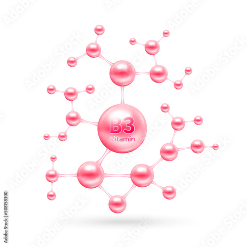 Vitamin B3 complex and minerals in molecular form. Dietary supplement for pharmacy advertisement. Science medic concept. Pink vitamin isolated on white background. Vector EPS10.