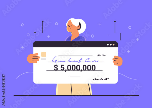 senior woman holding lottery certificate for ten million dollars grandmother winner celebrating jackpot money cash winning