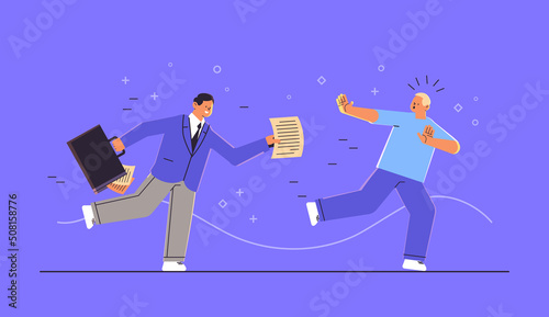 businessman running away from man employee with claim form paper document avoiding business expenses concept