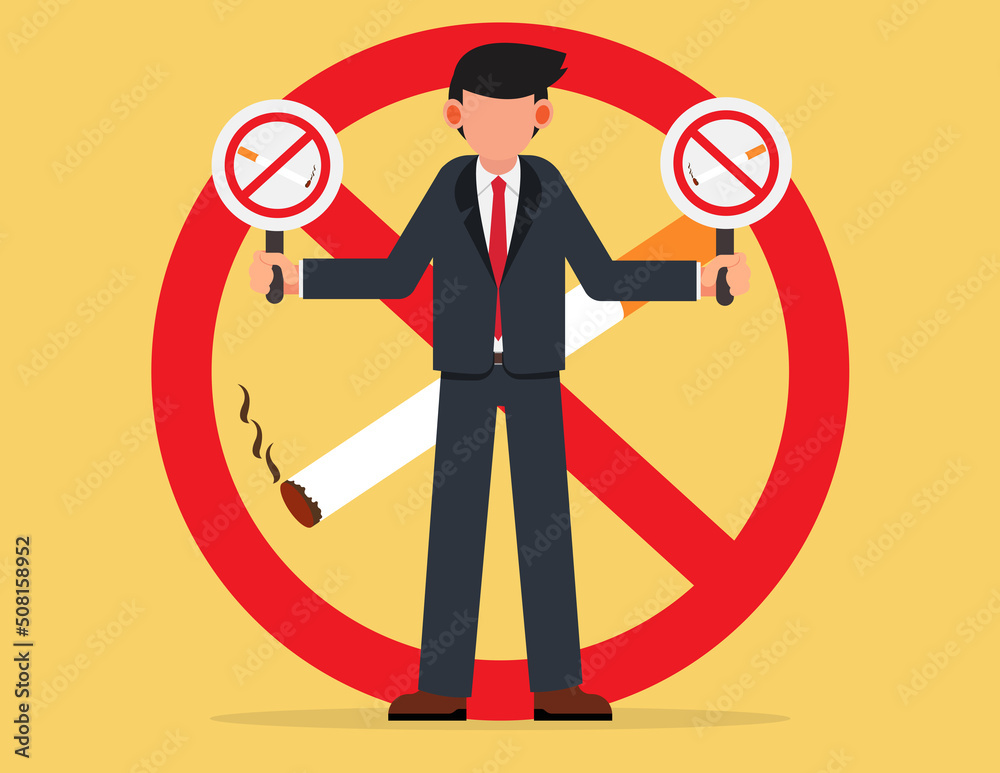 No Smoking Day, May 31st World No Tobacco Day. Stop Smoking Campaign, Businessman holding a no smoking sign No Smoking Day, May 31st World No Tobacco Day. Stop Smoking Campaign, Businessman holding a no smoking sign
