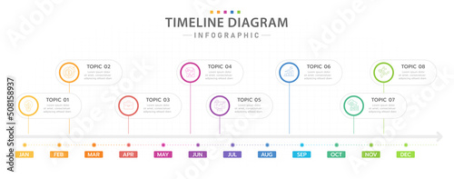 Infographic template for business. 12 Months modern Timeline diagram calendar with topic titles, presentation vector infographic.