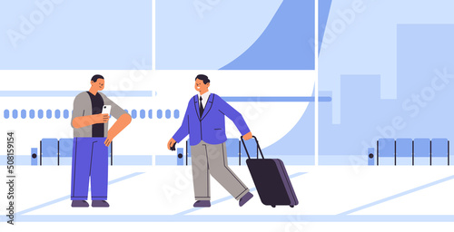 passengers with baggage walking at modern airport terminal waiting hall departure lounge interior traveling concept