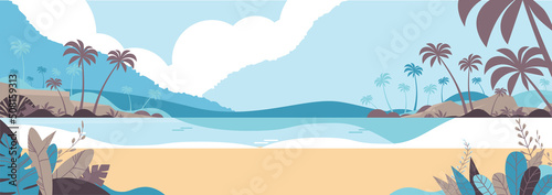 Beautiful tropical beach landscape summer seaside with palms and mountains horizontal
