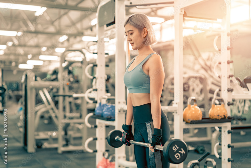 Woman has workout in gym with sports equipment. Sporty female exercise with weight training in the gym.