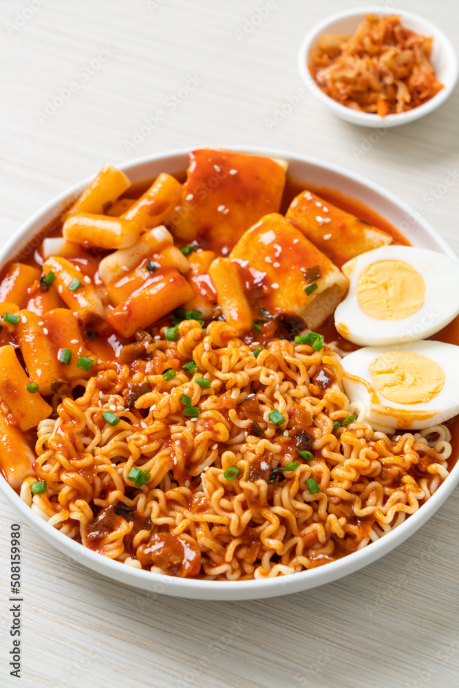 Korean instant noodles with Korean rice cake and fish cake and boiled egg Korean instant noodles with Korean rice cake and fish cake and boiled egg