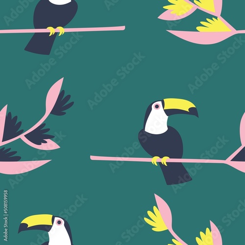 Toucan and heliconia flowers seamless pattern vector. Hand-drawn toucan birds on branches of heliconia flower minimalist endless texture. Exotic flora and fauna seamless pattern vector