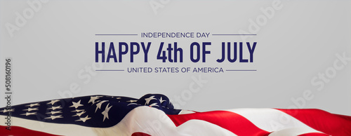 American Flag Banner with Independence Day Caption on White. Premium Holiday Background.