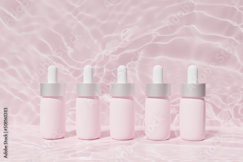 3d render of pink face serum pipette bottles on a pink water background