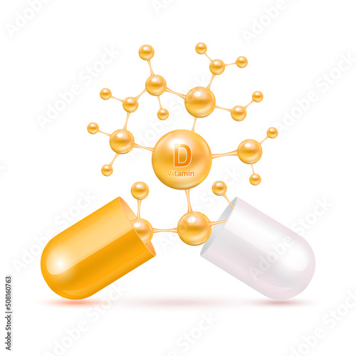 Vitamin D orange in capsule. Vitamins complex and minerals in molecular form. Dietary supplement for pharmacy advertisement. Science medic concept. Isolated on white background. Vector EPS10.