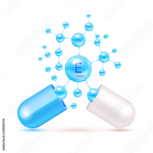 Vitamin E blue in capsule. Vitamins complex and minerals in molecular form. Dietary supplement for pharmacy advertisement. Science medic concept. Isolated on white background. Vector EPS10.