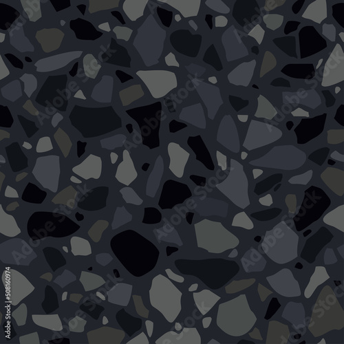 Terrazzo flooring vector seamless pattern in black colors. Texture of mosaic floor with natural stones, granite, marble, limestone, concrete. 