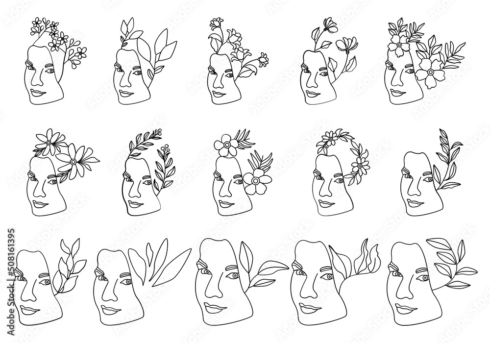 Woman faces line art style with flower and leaves