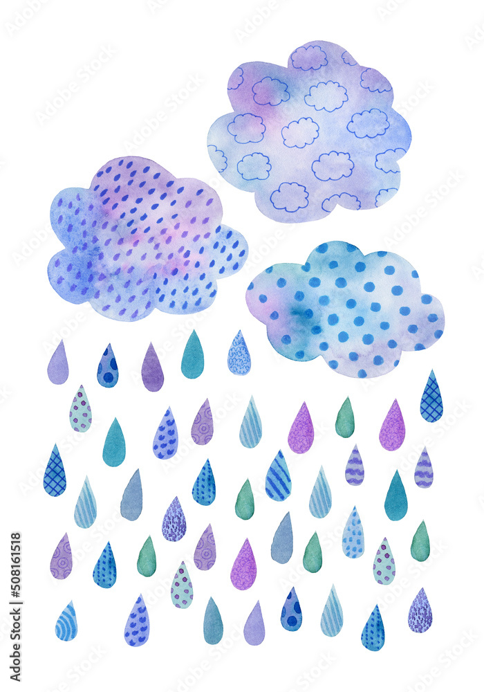 Watercolor illustration clouds with rain drops. Watercolor illustration clouds with rain drops.