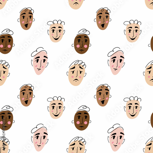 Vector seamless pattern with different people's faces. A diverse of emotions, joy, surprise, sadness, a neutral face.