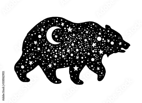 Bear star constellation silhouette. Astrology sky vector. Mystic adventure icon. Magic boho fantasy tshirt design with universe space galaxy. North bear surreal logo. Big Dipper star bohemian tattoo