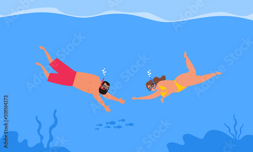 couple man and woman swimming underwater snorkeling with diving mask vector illustration