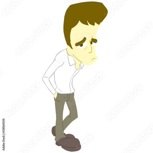 細身のカートゥーン男性のイラスト　線無し　茶髪　困り顔