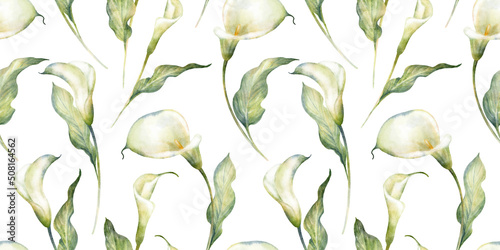 Schilderij op canvas Watercolor hand drawn floral seamless pattern with delicate illustration of blossom white calla lily flowers, leaf