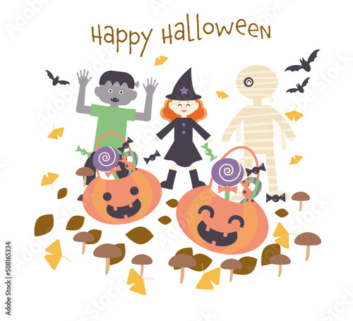 ハロウィーンの仮装をした子どもとジャコランタンのイラスト