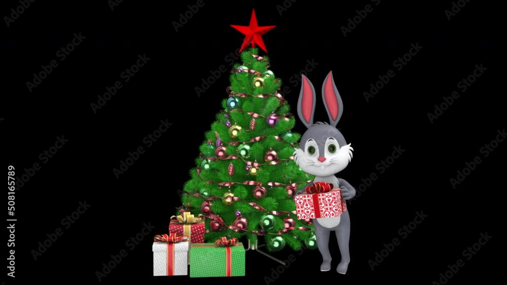 Jumping rabbit with gift box near the Christmas tree - 3d render looped with alpha channel. Jumping rabbit with gift box near the Christmas tree - 3d render looped with alpha channel.