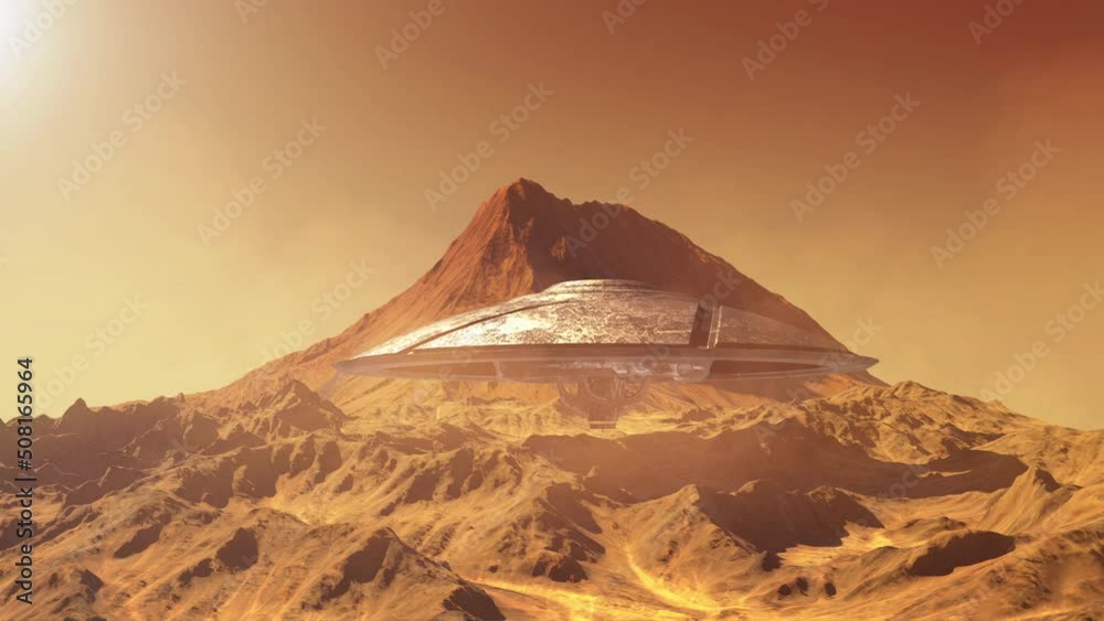 Ufo saucer flying low over planet mars 

3D rendering, cinematic view of alien spacecraft and ufo concept
