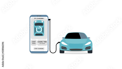 Green energy technology concept. Electric car charge  battery with a smart  phone showing statuses. Flat design.